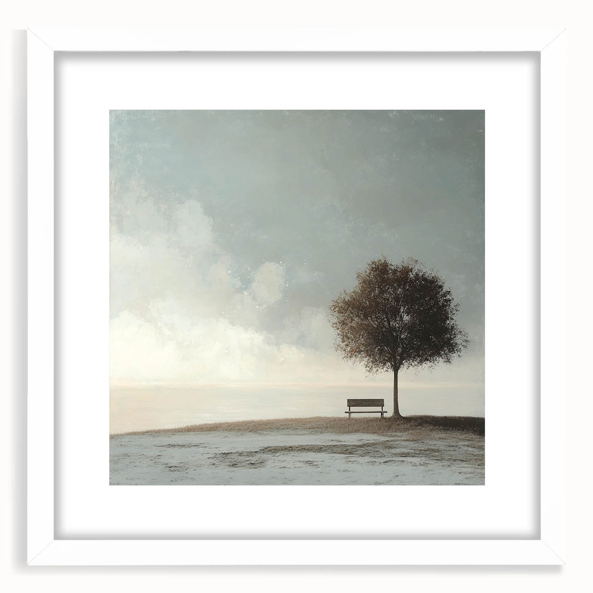 Serene Tree & Bench by the Water – Tranquil Nature Art Print