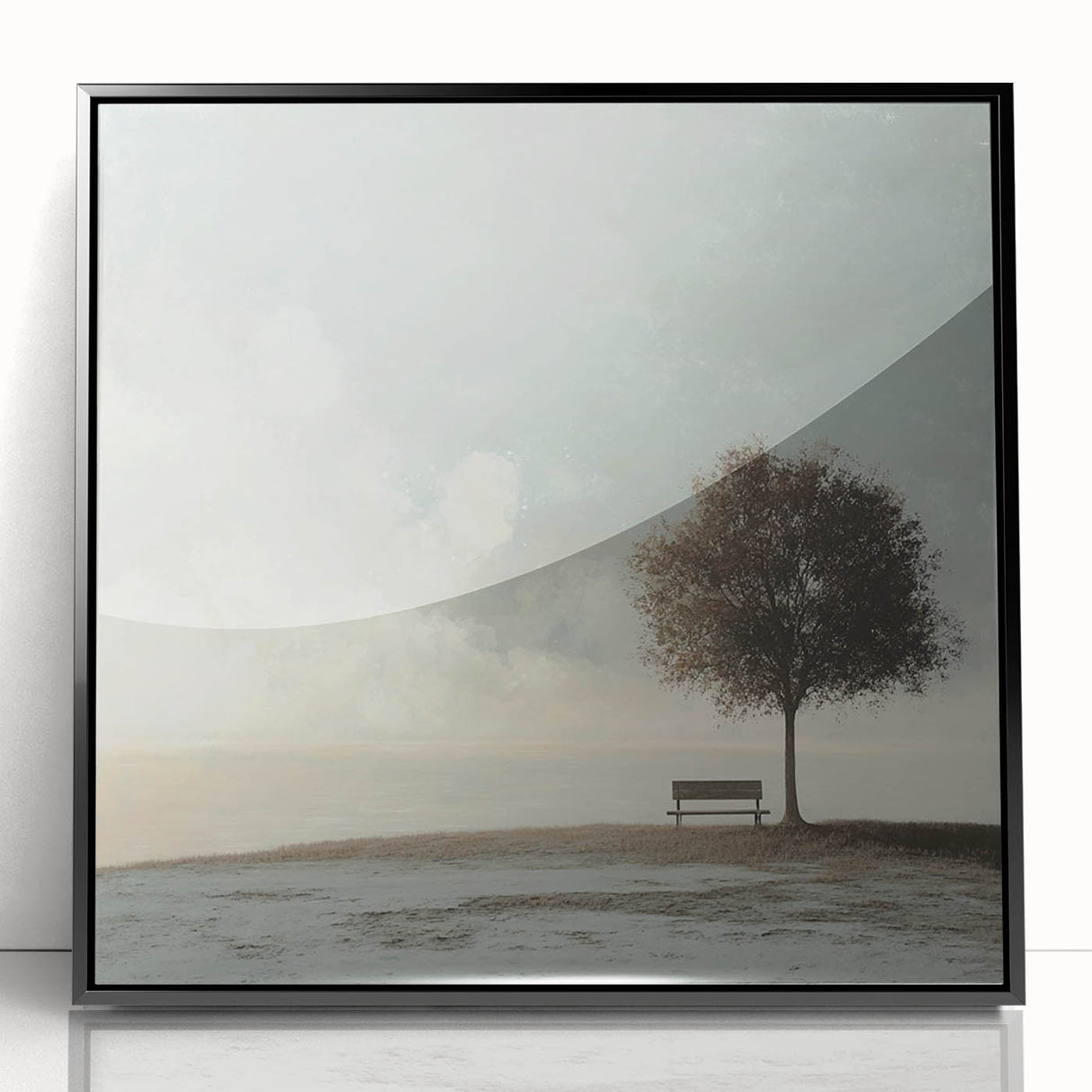 Serene Tree & Bench by the Water – Tranquil Nature Art Print