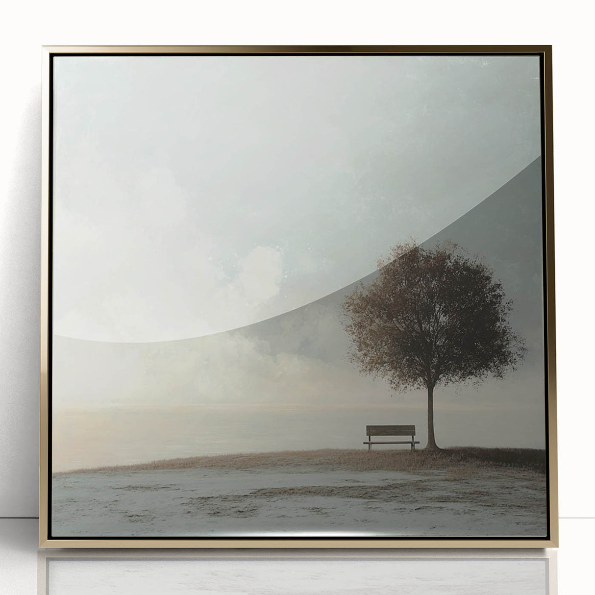 Serene Tree & Bench by the Water – Tranquil Nature Art Print