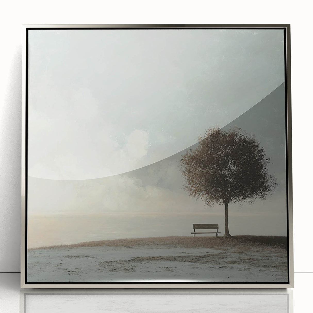 Serene Tree & Bench by the Water – Tranquil Nature Art Print