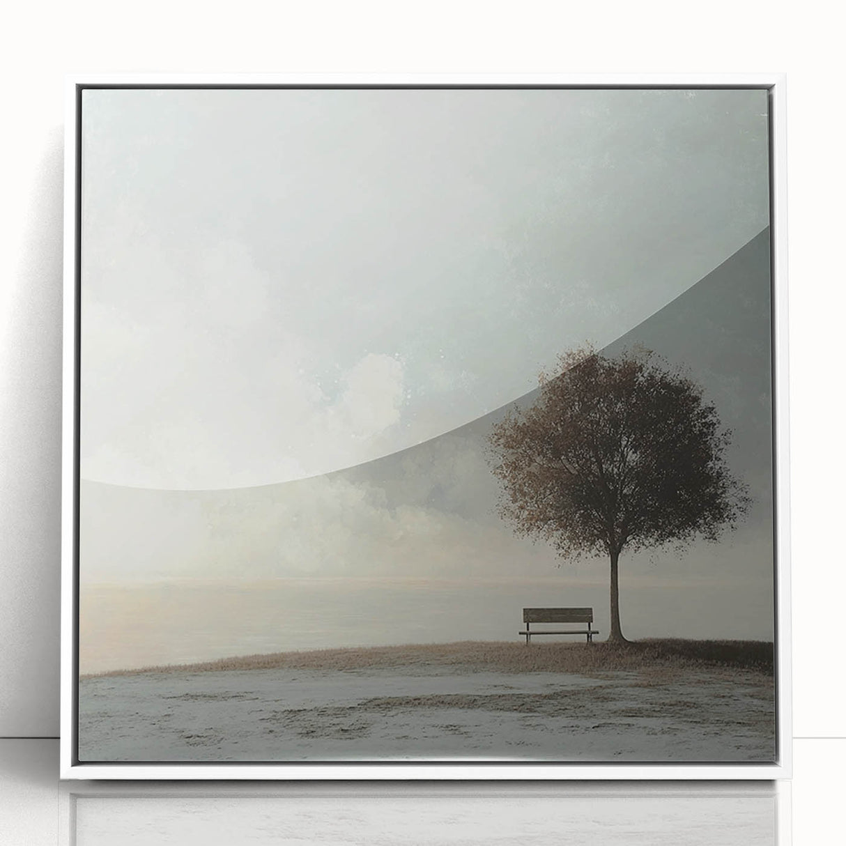 Serene Tree & Bench by the Water – Tranquil Nature Art Print