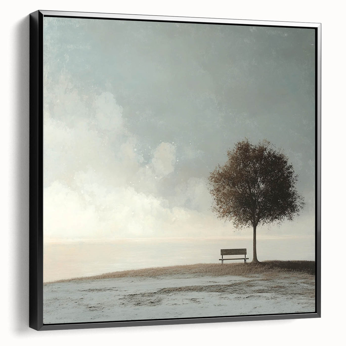 Serene Tree & Bench by the Water – Tranquil Nature Art Print
