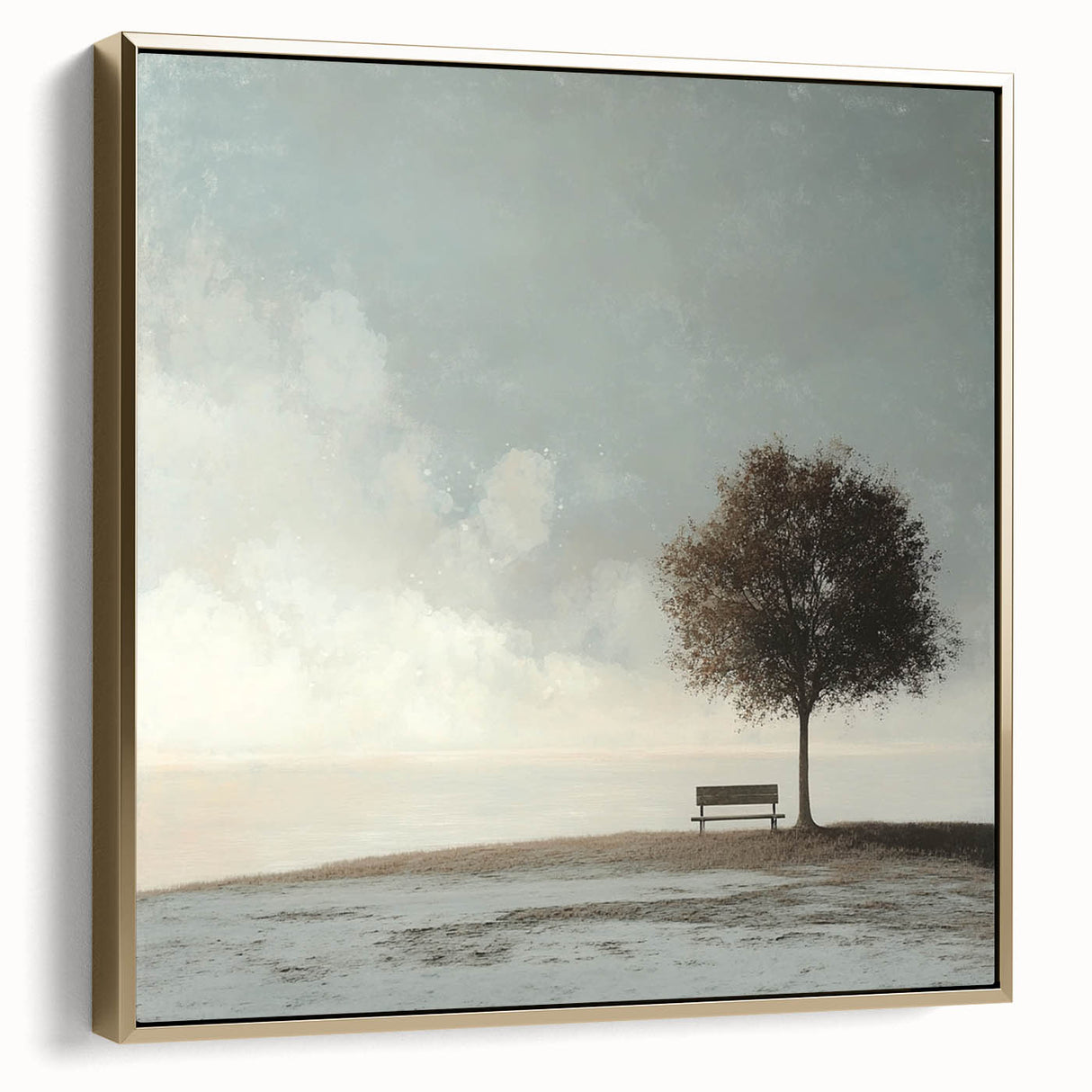 Serene Tree & Bench by the Water – Tranquil Nature Art Print