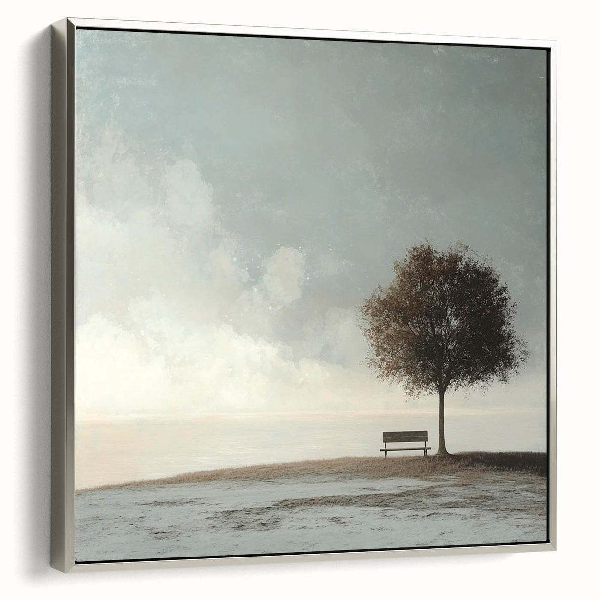 Serene Tree & Bench by the Water – Tranquil Nature Art Print