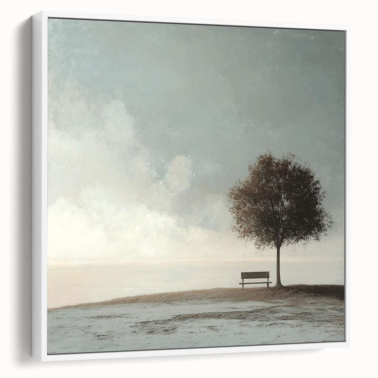 Serene Tree & Bench by the Water – Tranquil Nature Art Print
