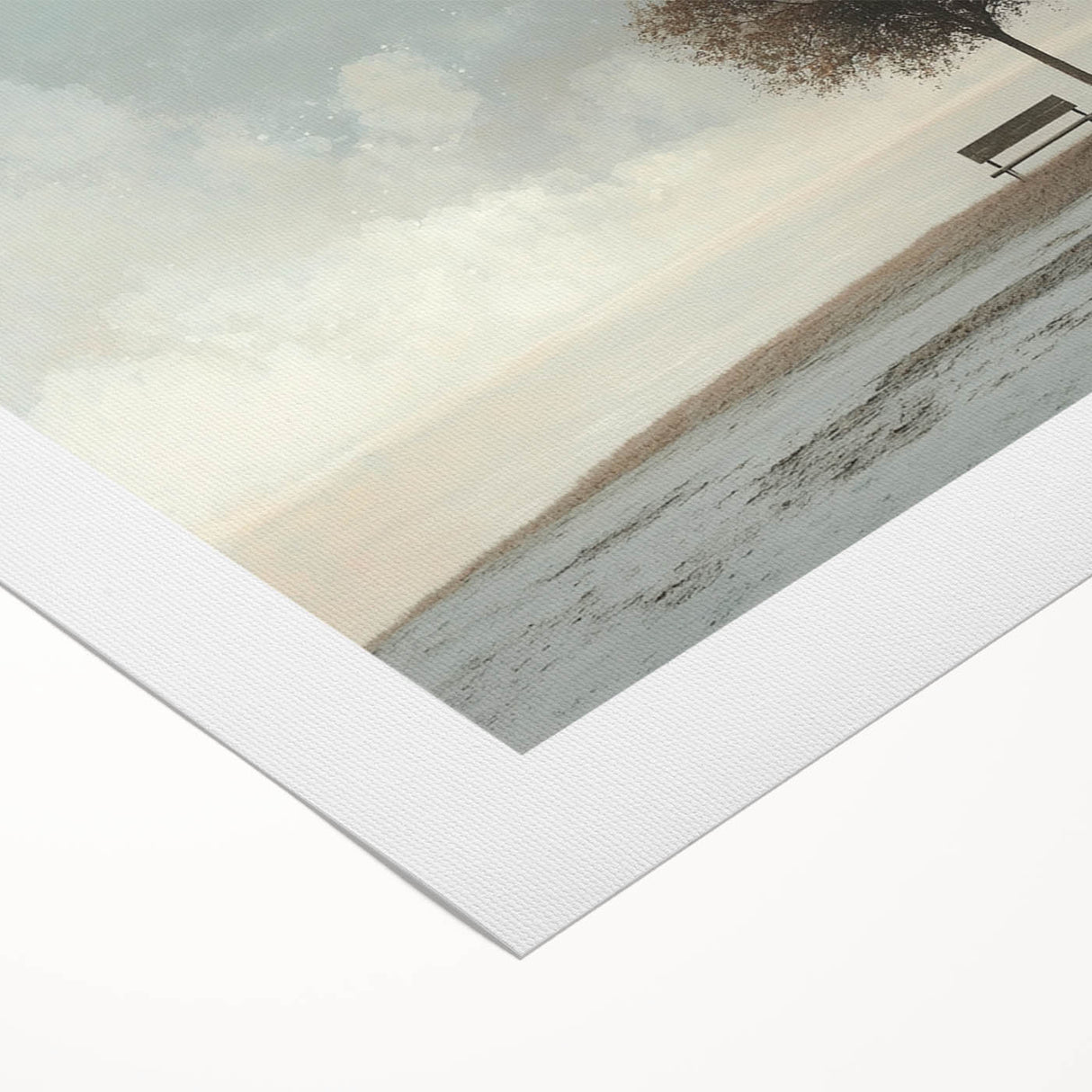 Serene Tree & Bench by the Water – Tranquil Nature Art Print