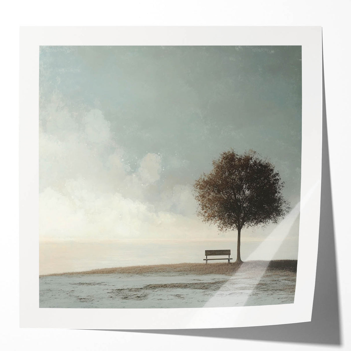 Serene Tree & Bench by the Water – Tranquil Nature Art Print