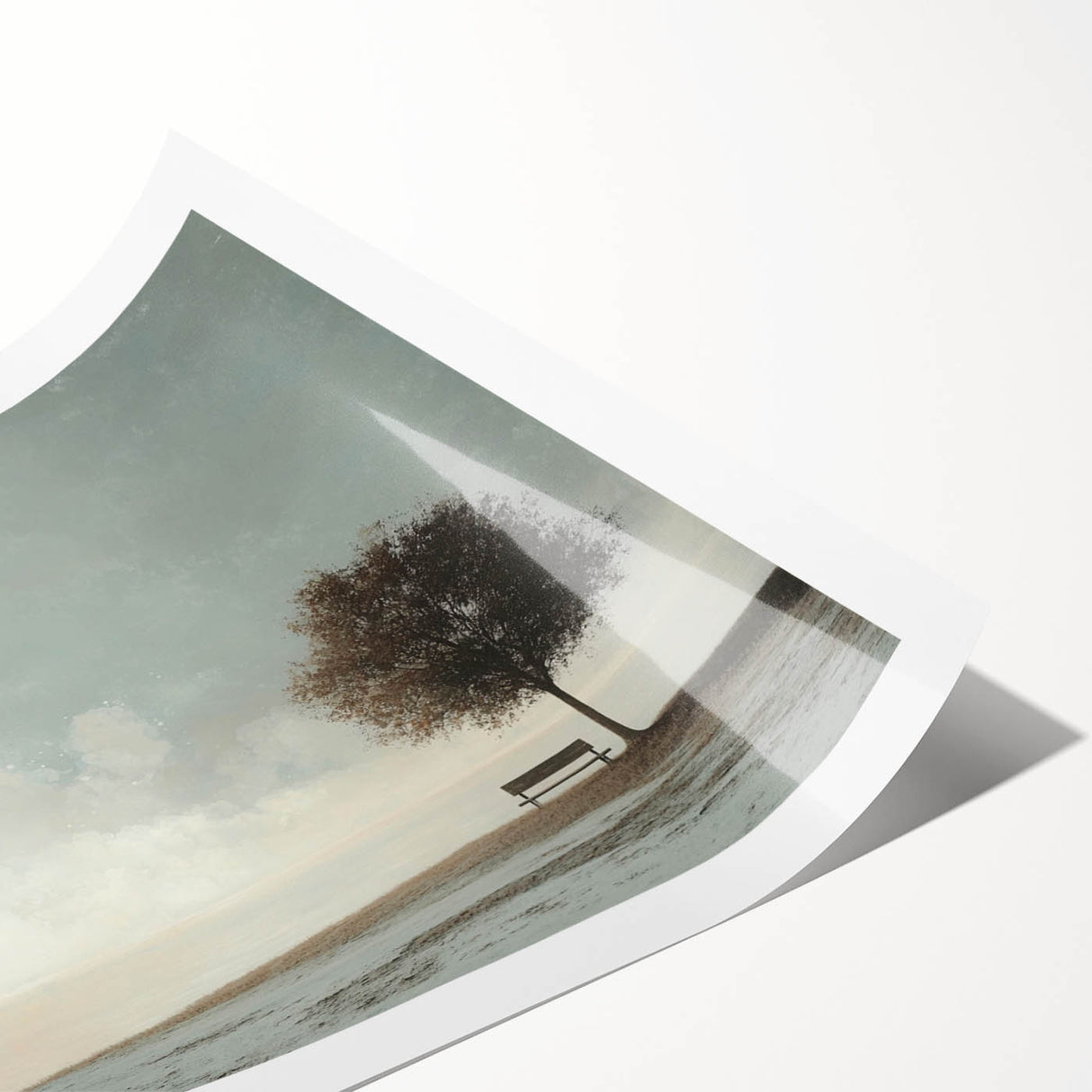 Serene Tree & Bench by the Water – Tranquil Nature Art Print