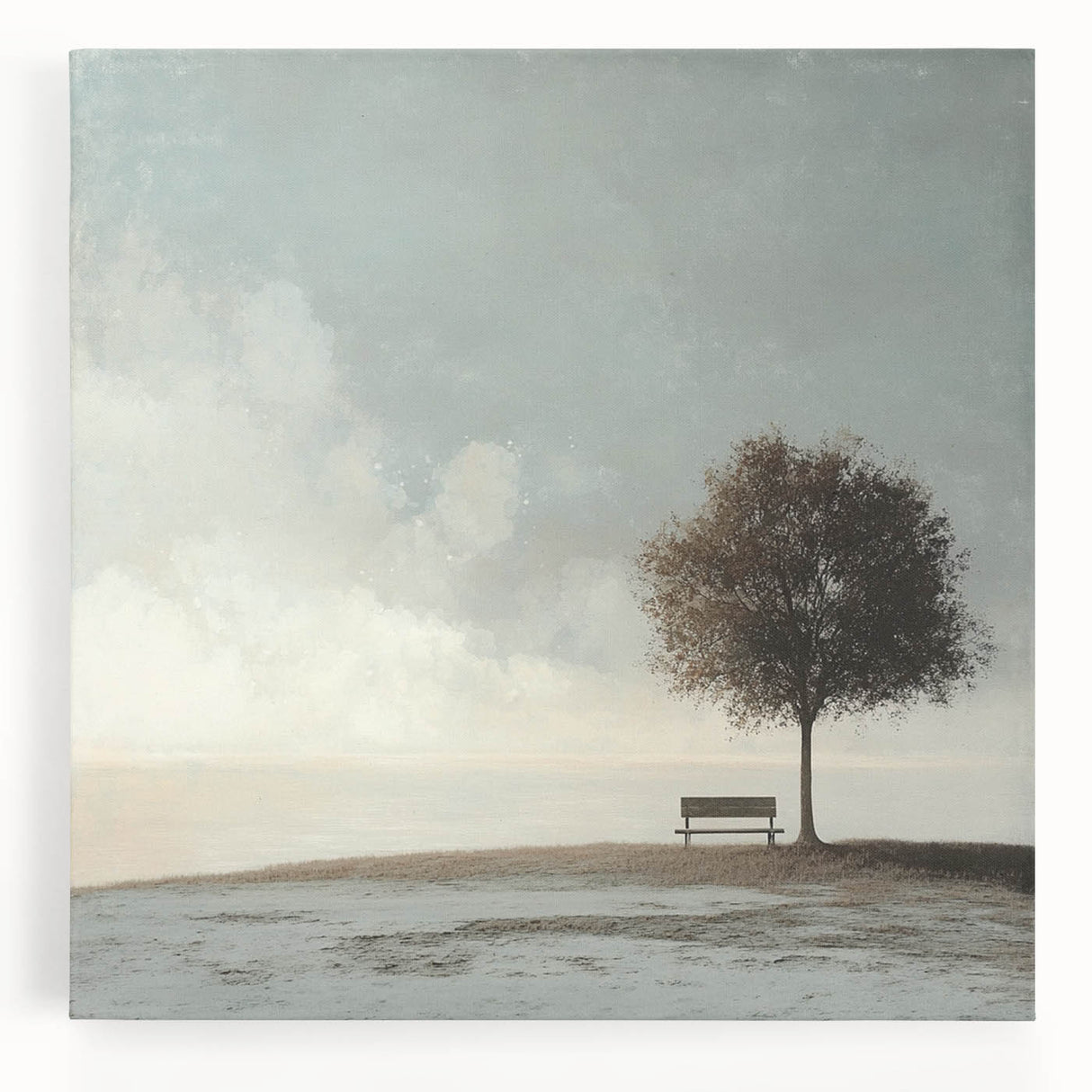 Serene Tree & Bench by the Water – Tranquil Nature Art Print