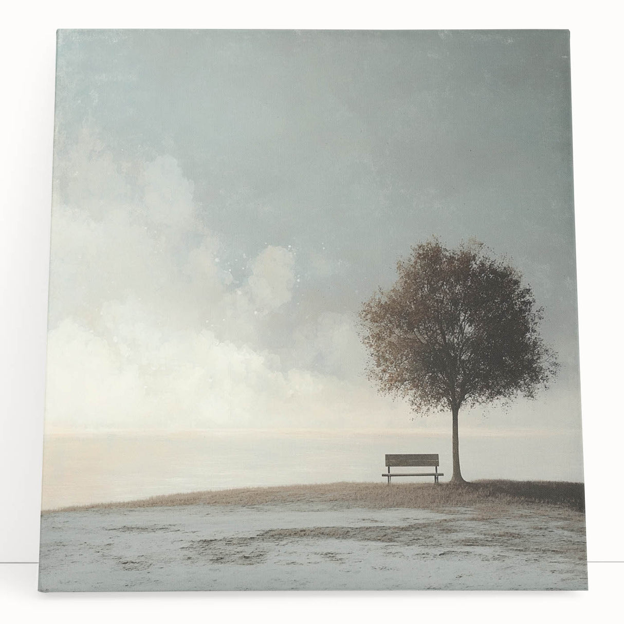 Serene Tree & Bench by the Water – Tranquil Nature Art Print