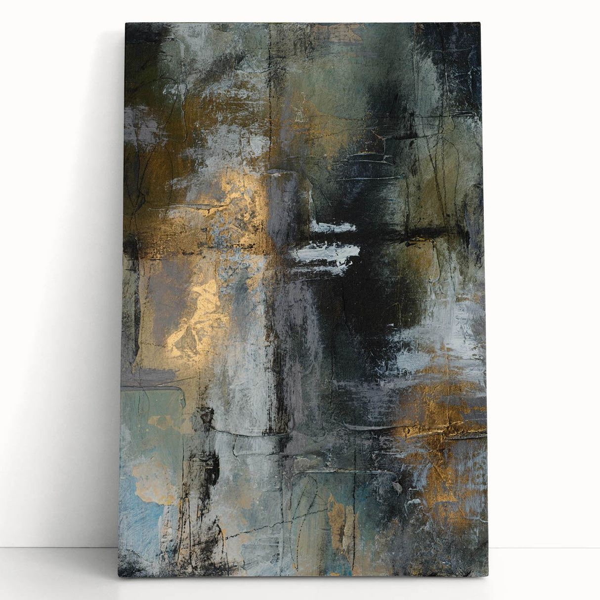 Moody Modern Wall Art – Abstract Canvas in Black, Gold & Gray
