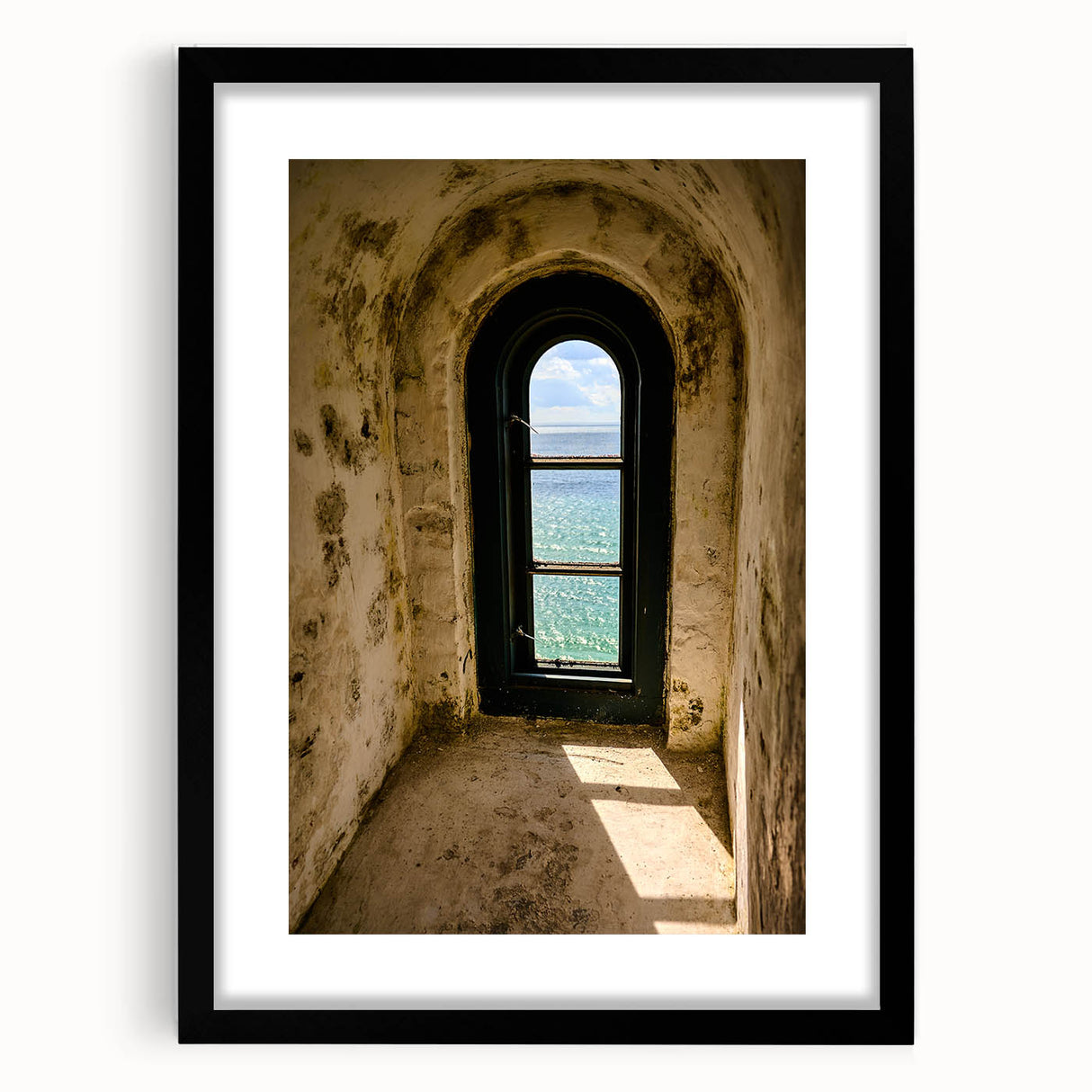 Minimalist Mountain Wall Art – Coastal View Through Arched Window