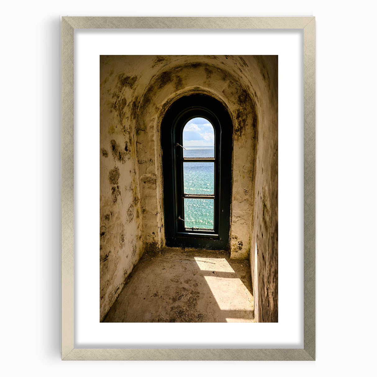 Minimalist Mountain Wall Art – Coastal View Through Arched Window