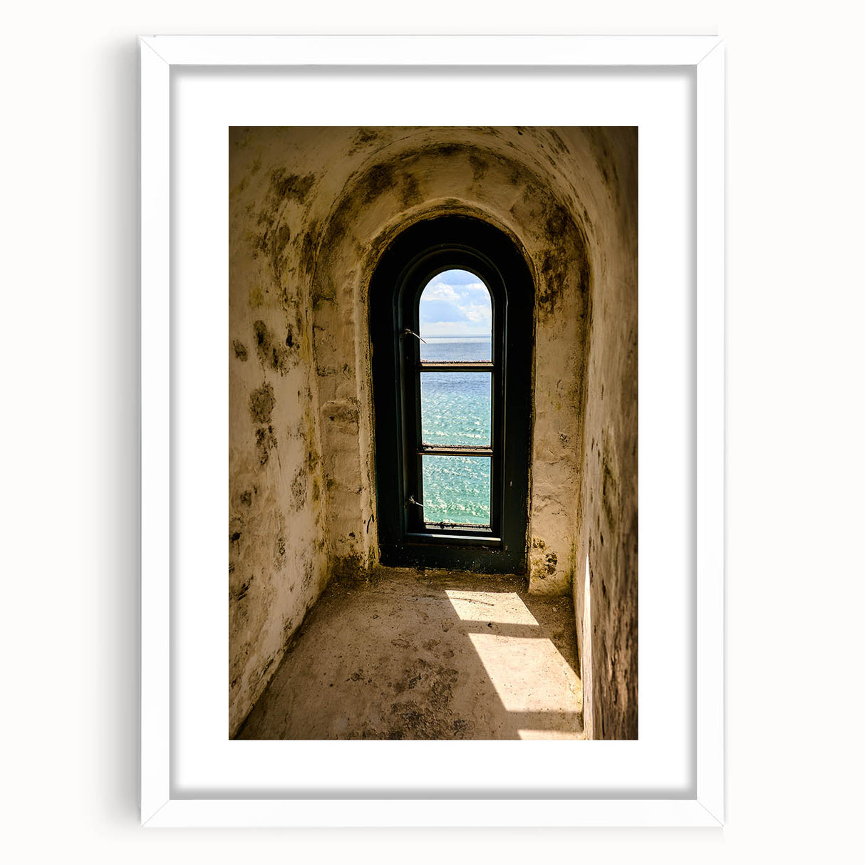 Minimalist Mountain Wall Art – Coastal View Through Arched Window