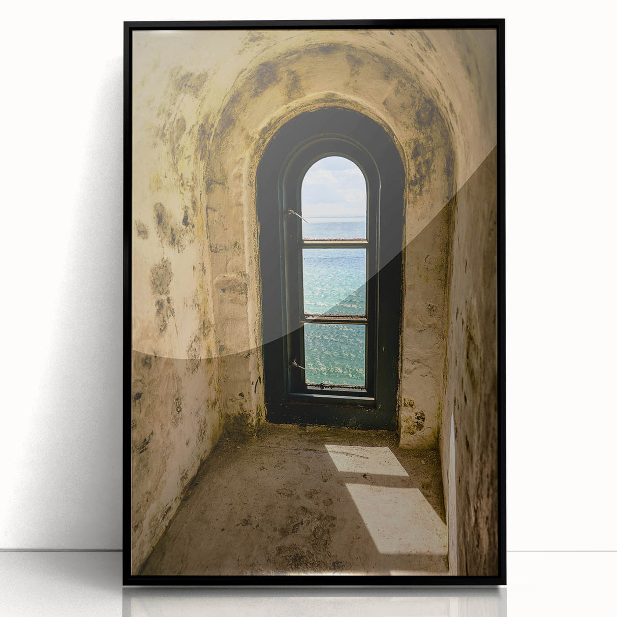 Minimalist Mountain Wall Art – Coastal View Through Arched Window