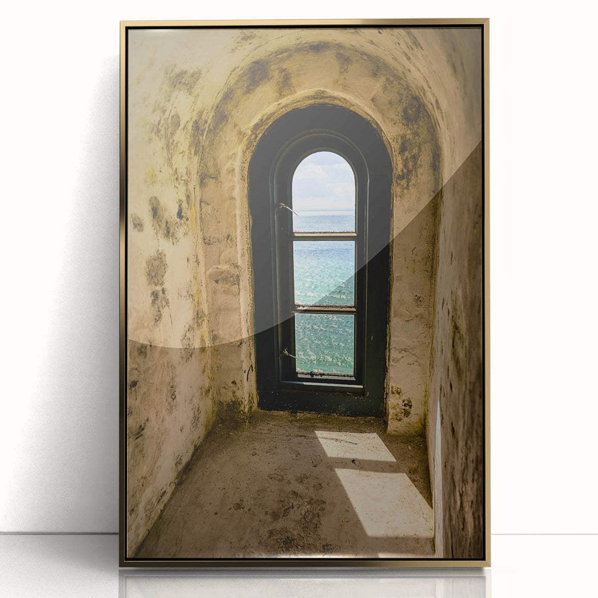 Minimalist Mountain Wall Art – Coastal View Through Arched Window