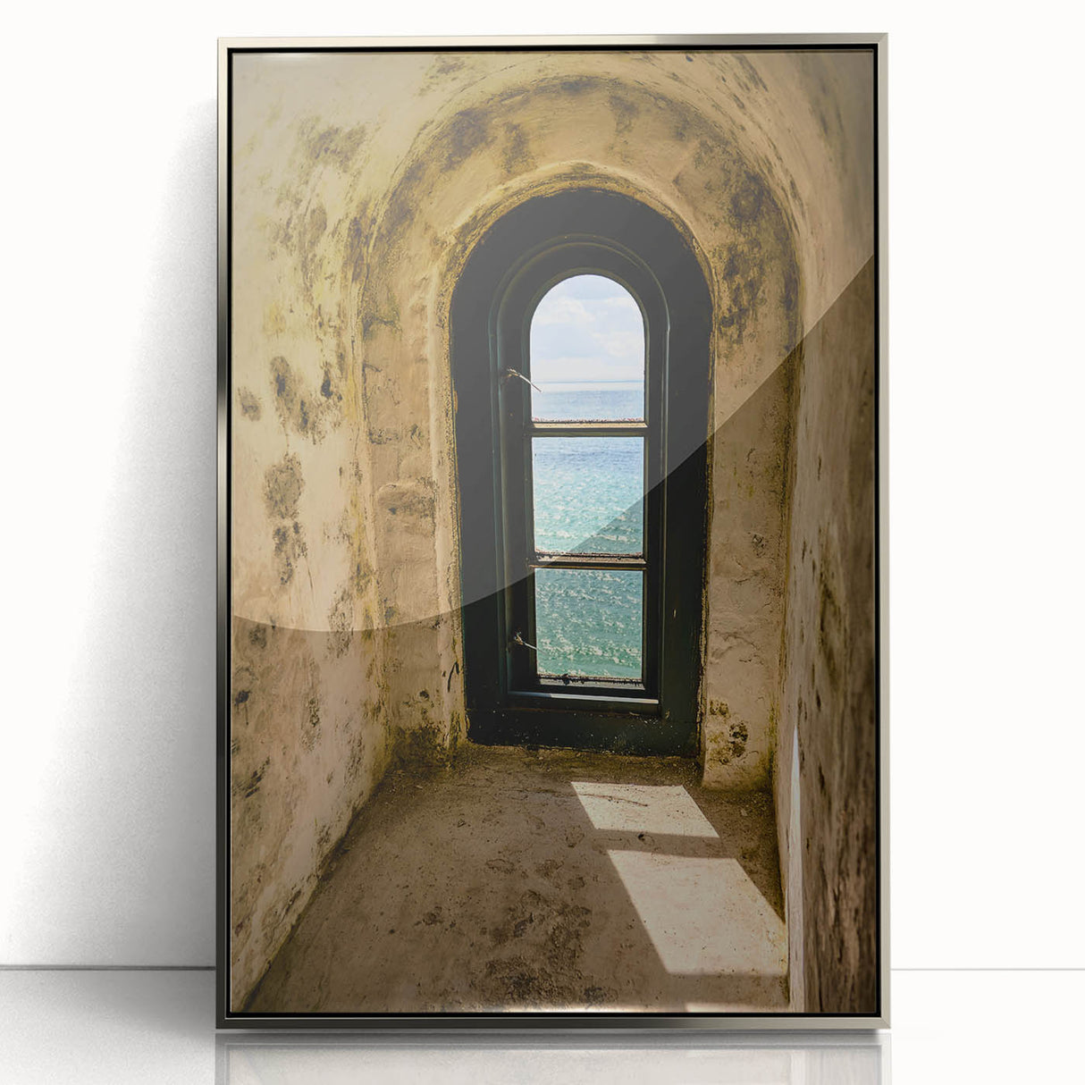 Minimalist Mountain Wall Art – Coastal View Through Arched Window