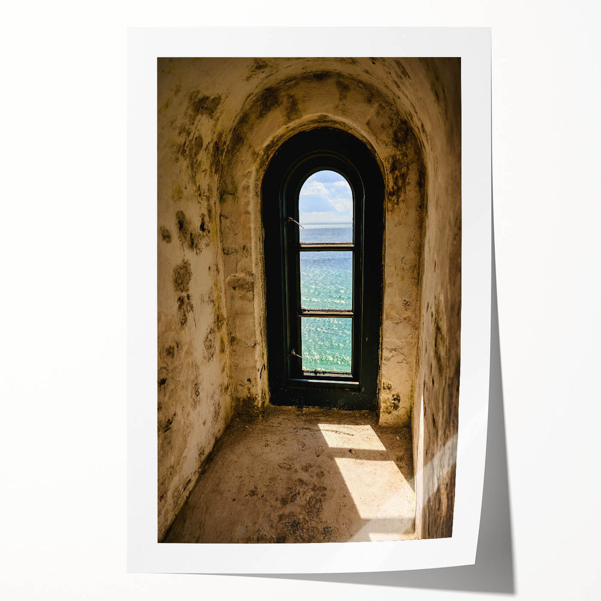 Minimalist Mountain Wall Art – Coastal View Through Arched Window