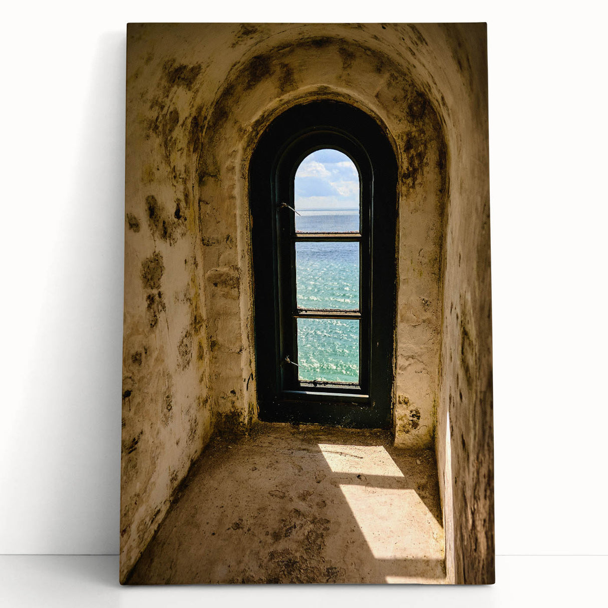 Minimalist Mountain Wall Art – Coastal View Through Arched Window