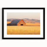 Minimalist Coastal Landscape Art – Blurred Barn in Golden Fields