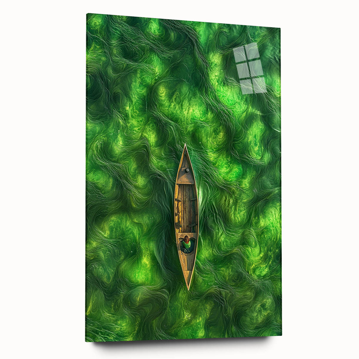 Minimalist Coastal Landscape Art – Tranquil Boat in Green Waters