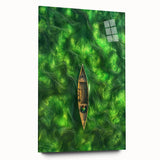 Minimalist Coastal Landscape Art – Tranquil Boat in Green Waters