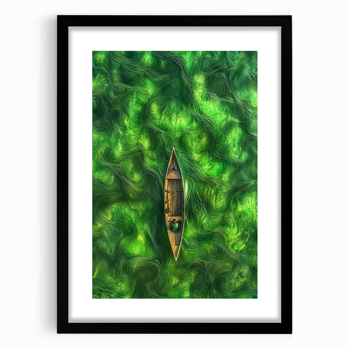 Minimalist Coastal Landscape Art – Tranquil Boat in Green Waters