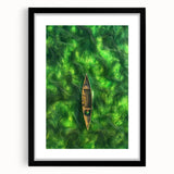 Minimalist Coastal Landscape Art – Tranquil Boat in Green Waters