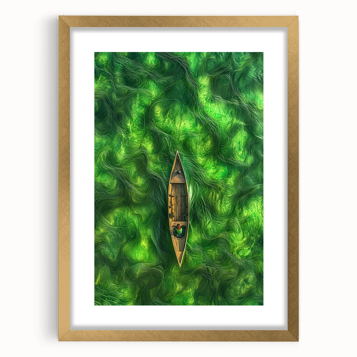 Minimalist Coastal Landscape Art – Tranquil Boat in Green Waters