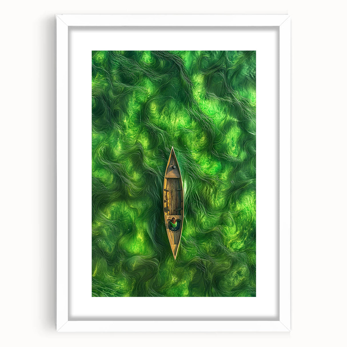 Minimalist Coastal Landscape Art – Tranquil Boat in Green Waters
