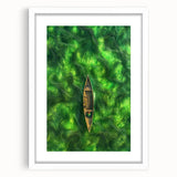 Minimalist Coastal Landscape Art – Tranquil Boat in Green Waters