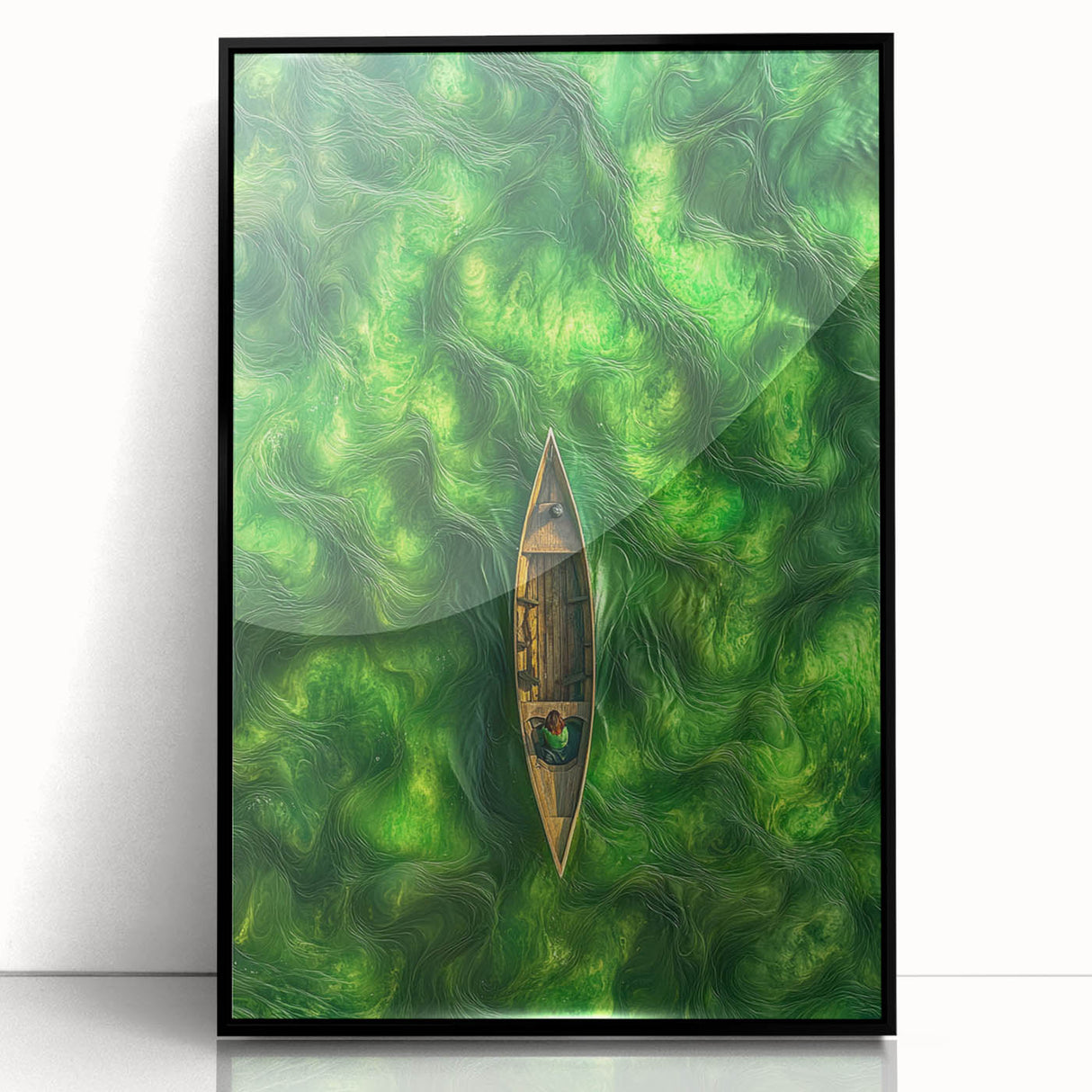 Minimalist Coastal Landscape Art – Tranquil Boat in Green Waters