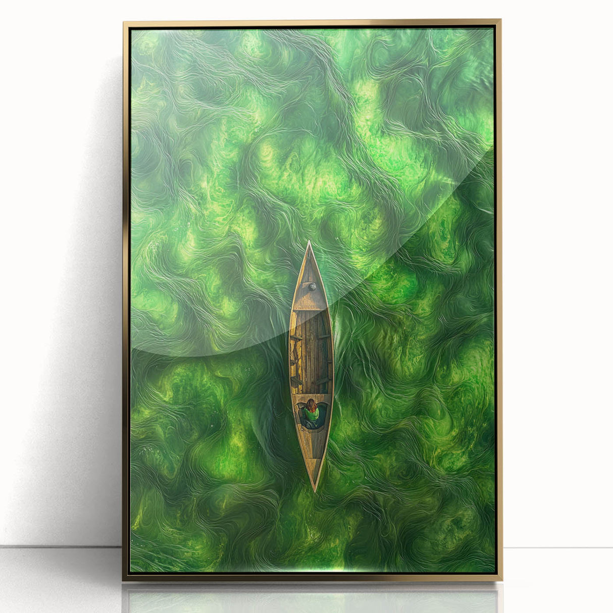 Minimalist Coastal Landscape Art – Tranquil Boat in Green Waters