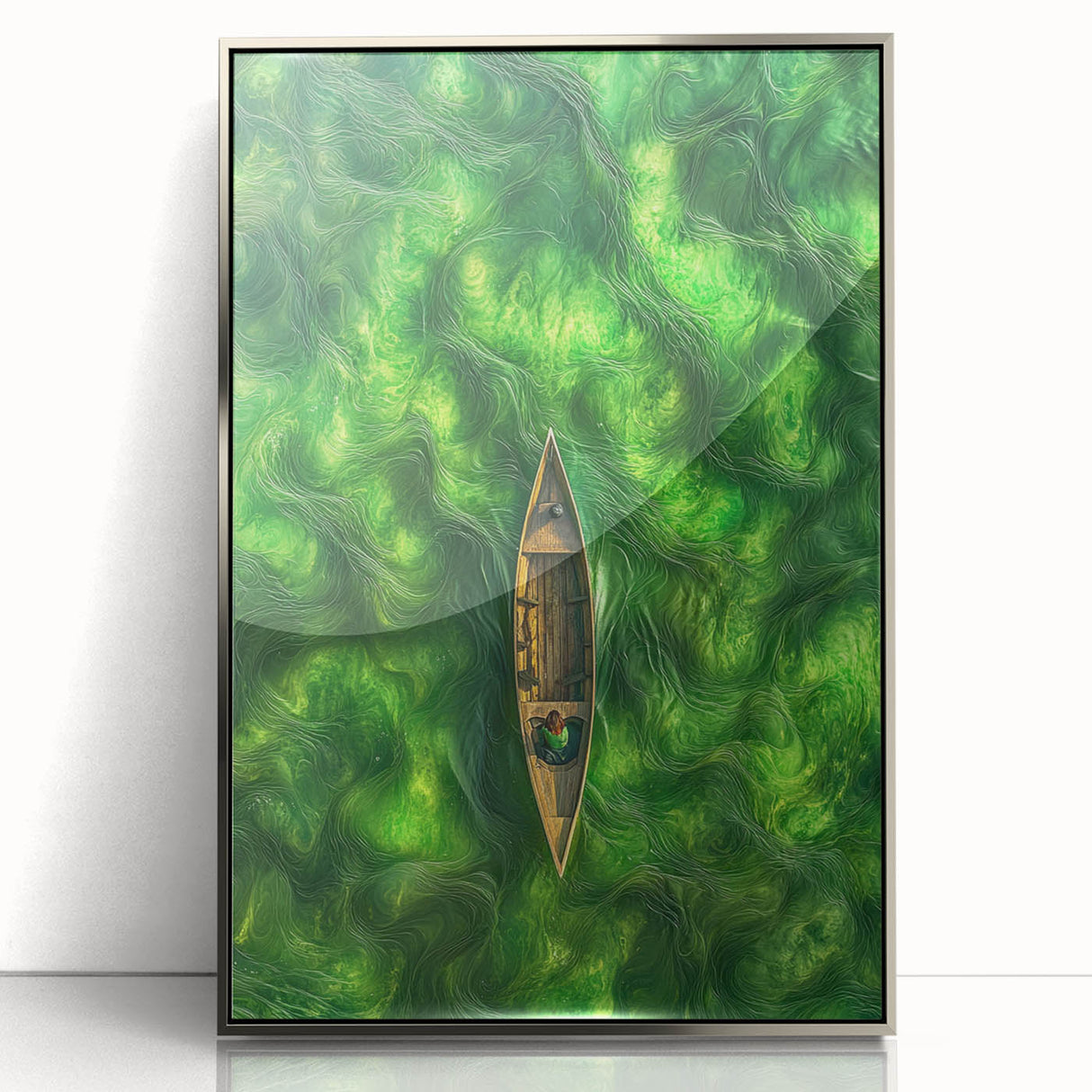 Minimalist Coastal Landscape Art – Tranquil Boat in Green Waters