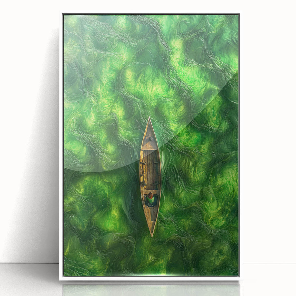 Minimalist Coastal Landscape Art – Tranquil Boat in Green Waters