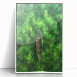Minimalist Coastal Landscape Art – Tranquil Boat in Green Waters