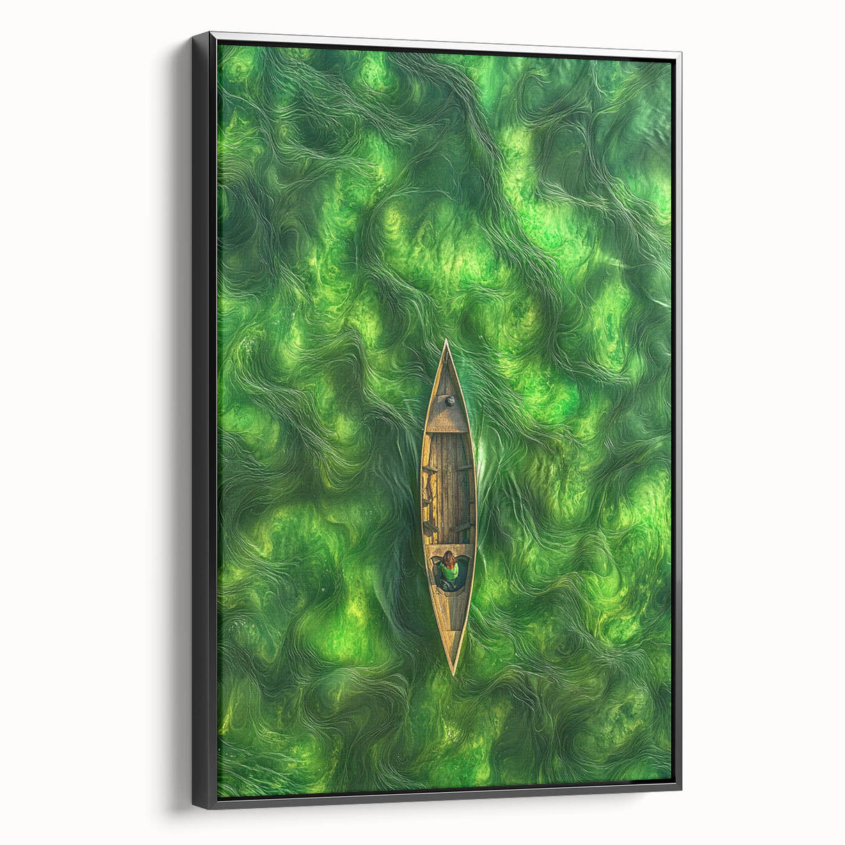 Minimalist Coastal Landscape Art – Tranquil Boat in Green Waters