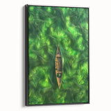 Minimalist Coastal Landscape Art – Tranquil Boat in Green Waters