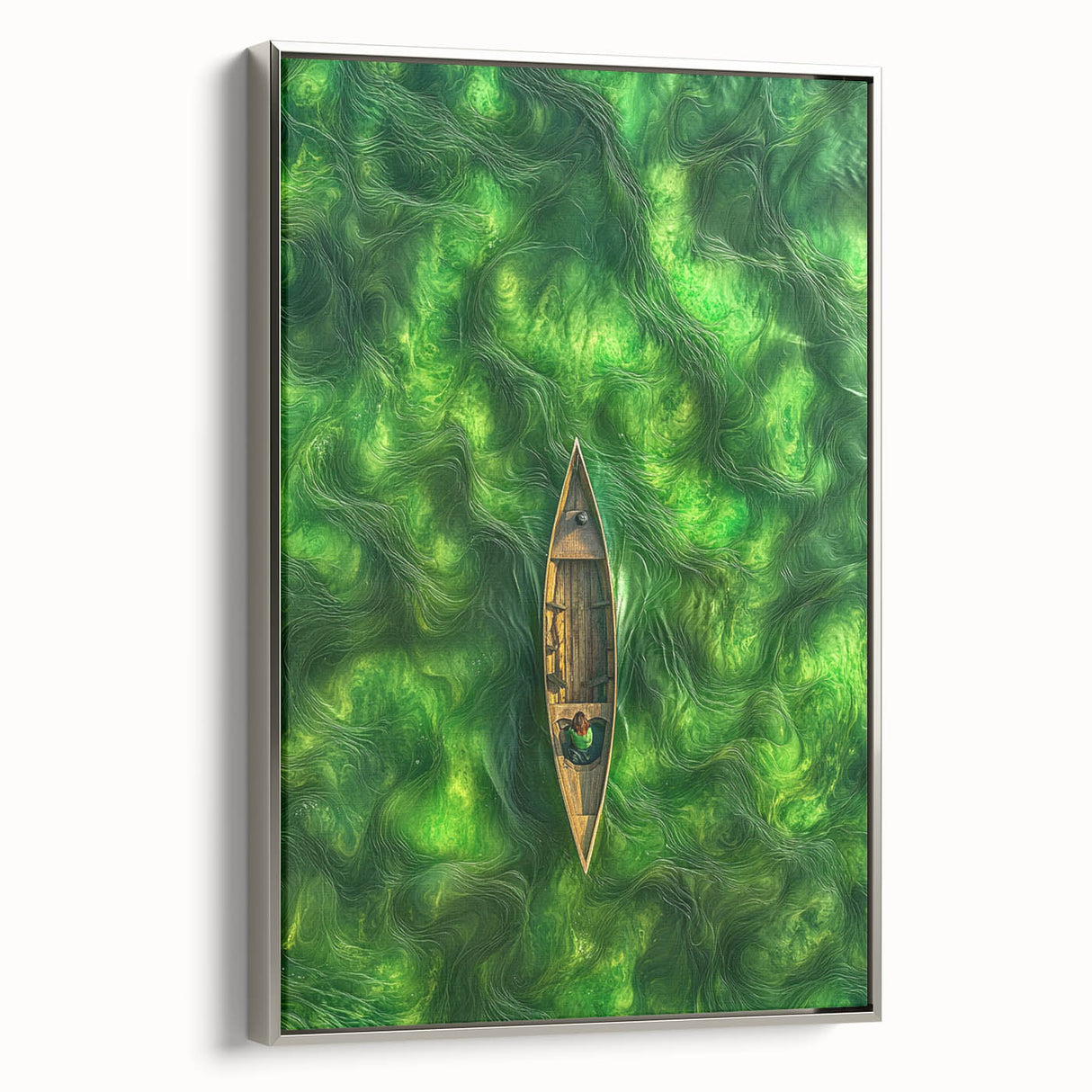 Minimalist Coastal Landscape Art – Tranquil Boat in Green Waters