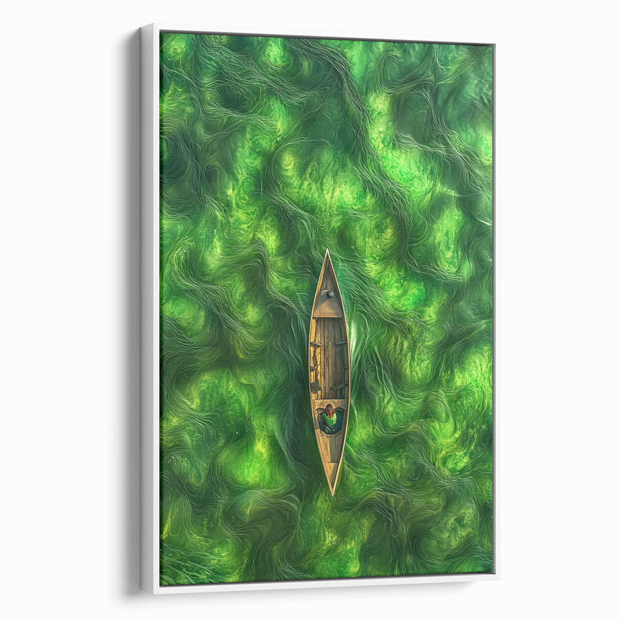 Minimalist Coastal Landscape Art – Tranquil Boat in Green Waters