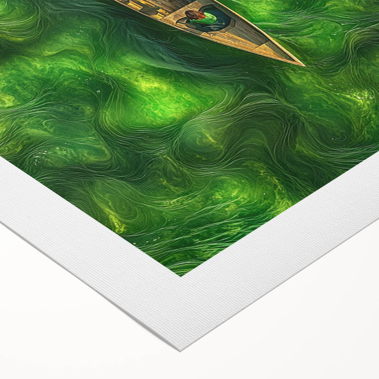 Minimalist Coastal Landscape Art – Tranquil Boat in Green Waters
