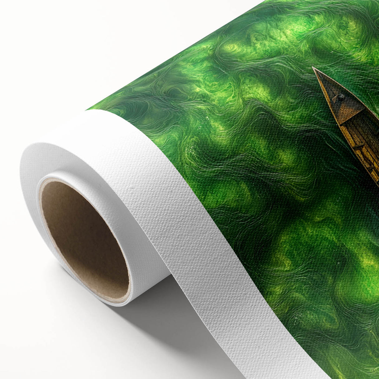 Minimalist Coastal Landscape Art – Tranquil Boat in Green Waters
