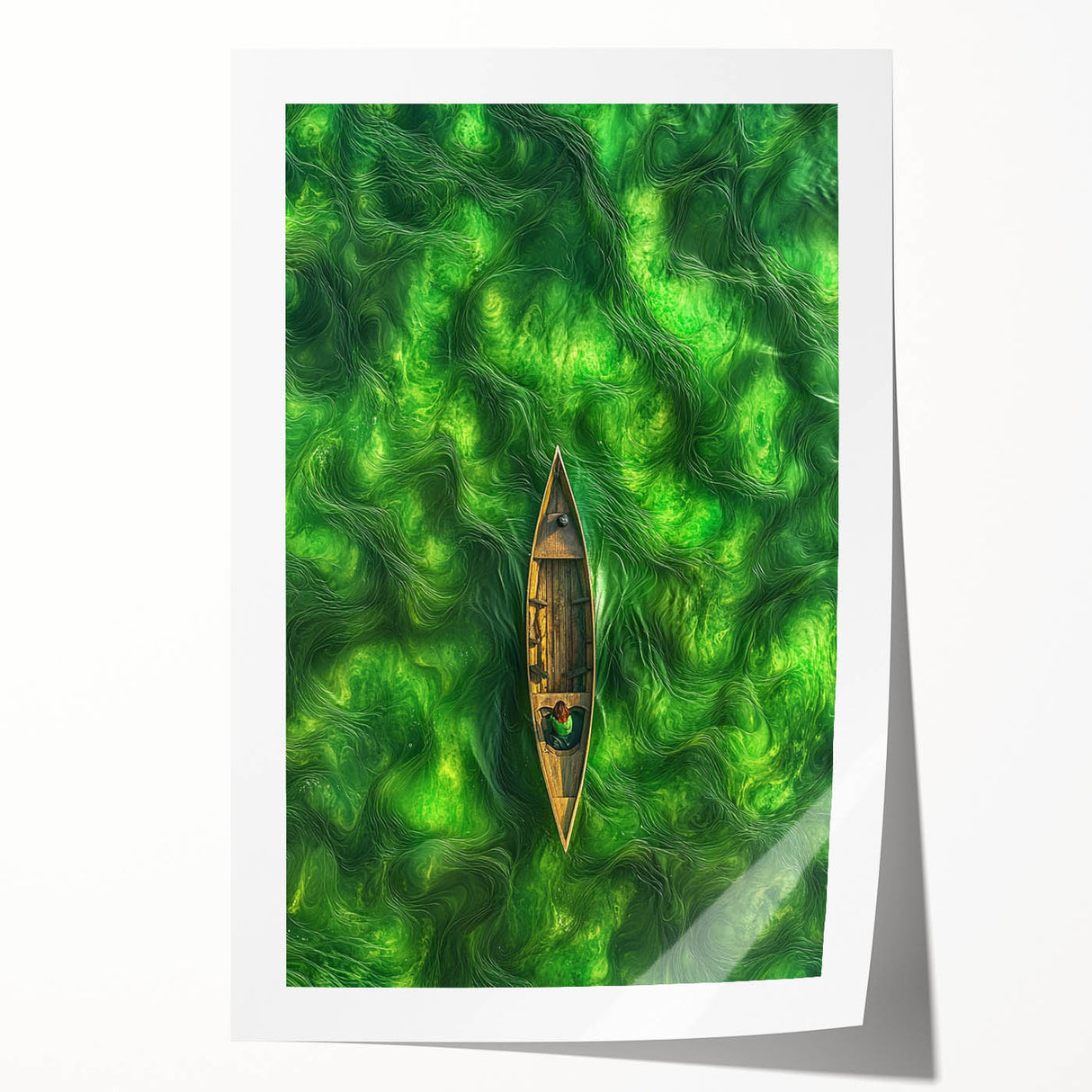 Minimalist Coastal Landscape Art – Tranquil Boat in Green Waters