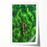 Minimalist Coastal Landscape Art – Tranquil Boat in Green Waters