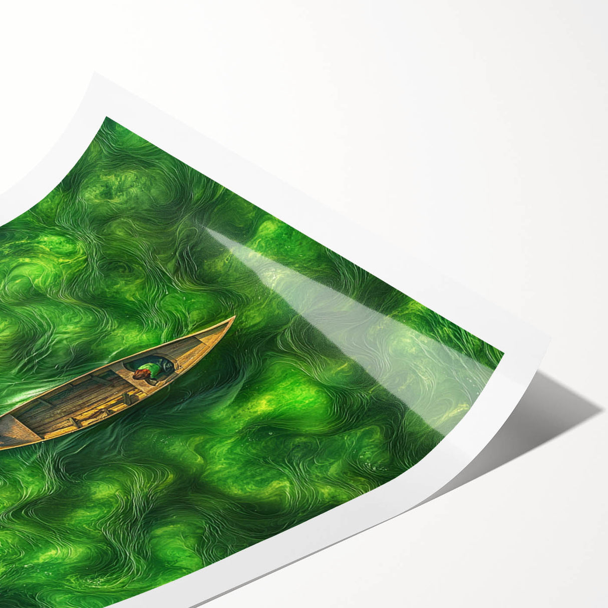 Minimalist Coastal Landscape Art – Tranquil Boat in Green Waters
