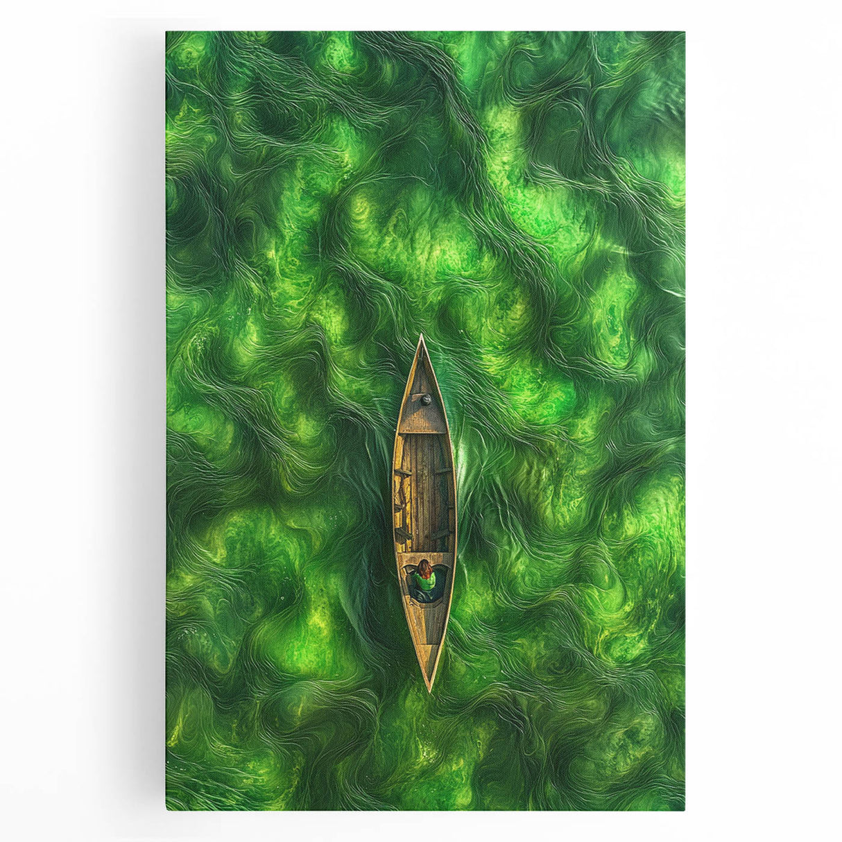 Minimalist Coastal Landscape Art – Tranquil Boat in Green Waters