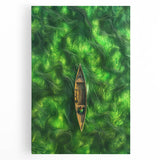 Minimalist Coastal Landscape Art – Tranquil Boat in Green Waters
