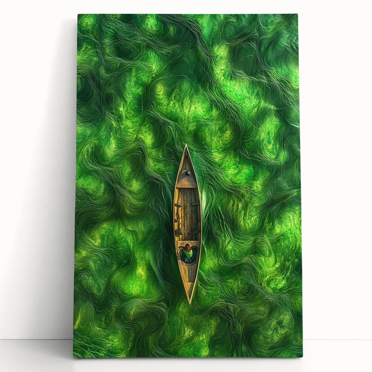 Minimalist Coastal Landscape Art – Tranquil Boat in Green Waters