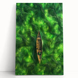 Minimalist Coastal Landscape Art – Tranquil Boat in Green Waters