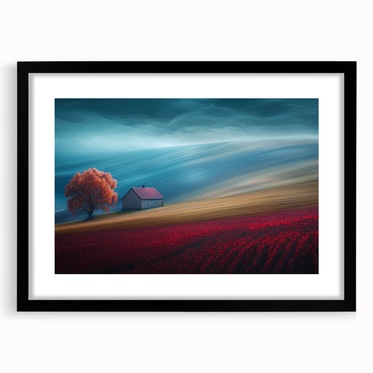 Modern Minimalist Landscape Prints – Cottage on Scarlet Hillside